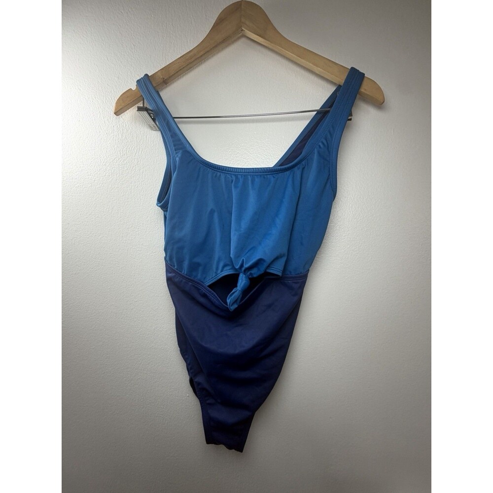 Women’s Blue Colorblock One Piece Swimsuit Front Knot Cutout Wide Strap - Picture 2 of 6